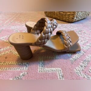 Tan faux leather sandal heels 8 wide
